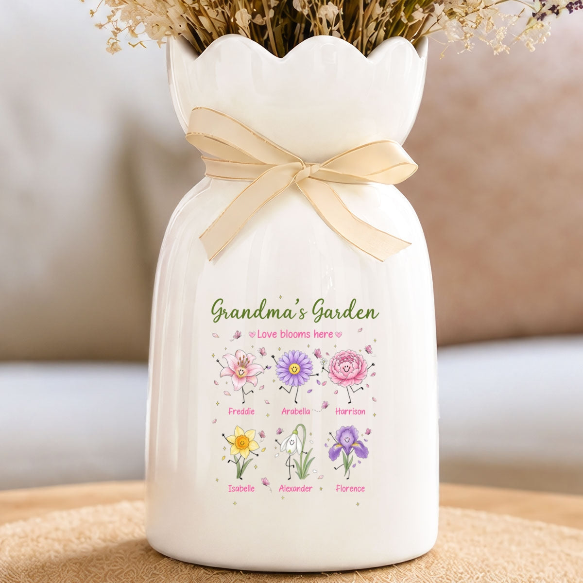 Grandma's Garden Cute Doodle Birth Month Flowers - Personalized Ceramic Flower Vase - Gift For Grandma, Mom