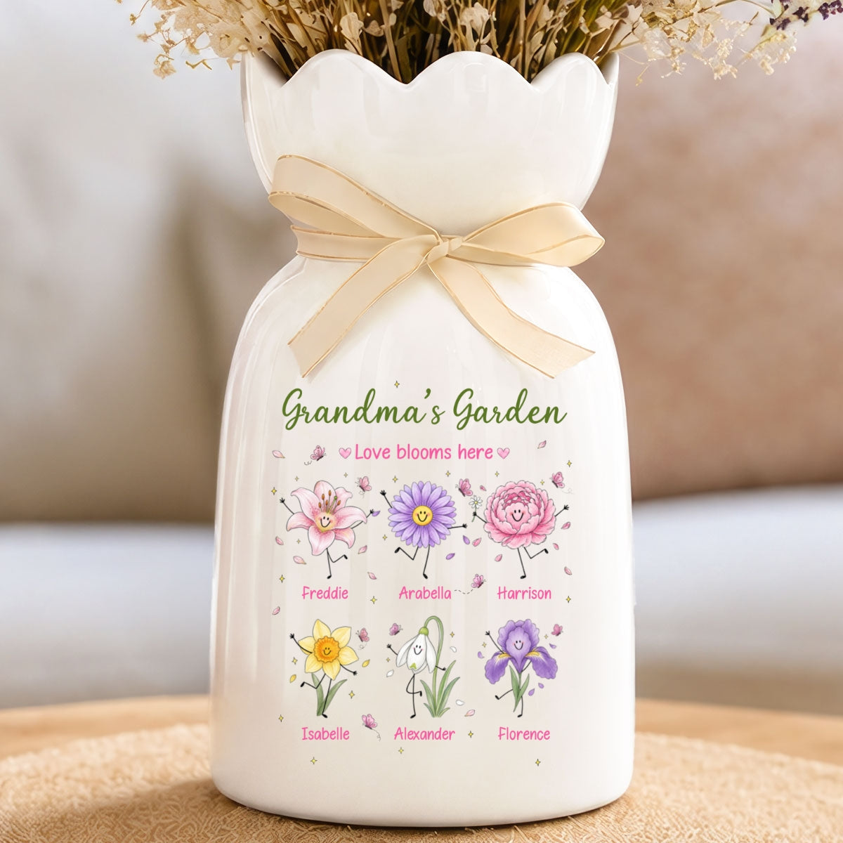 Grandma's Garden Cute Doodle Birth Month Flowers - Personalized Ceramic Flower Vase - Gift For Grandma, Mom