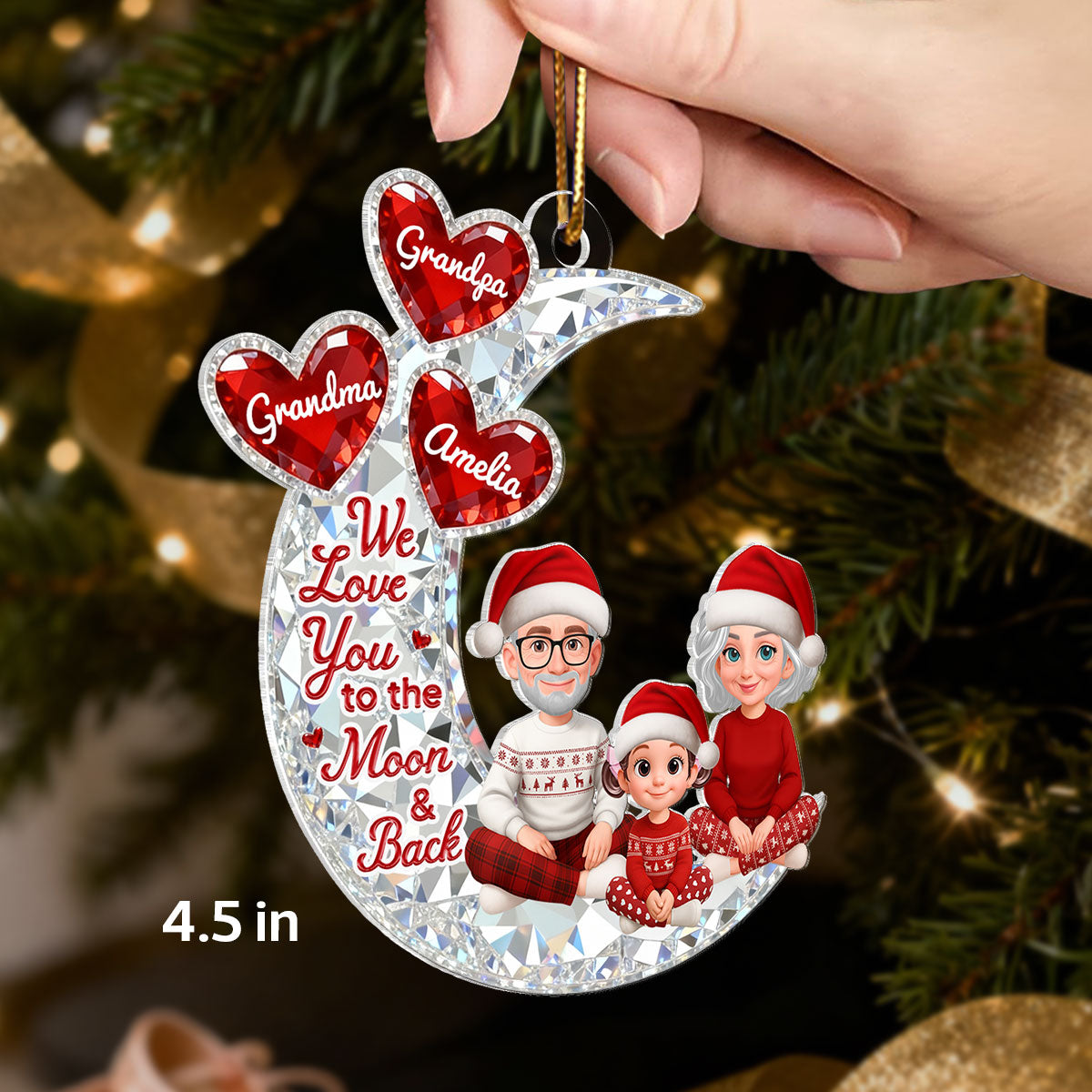 3D Effect Flat Moon Grandpa Grandma Grandkid Love You To The Moon And Back - Personalized Acrylic Ornament - Christmas Gift For All Grandkids
