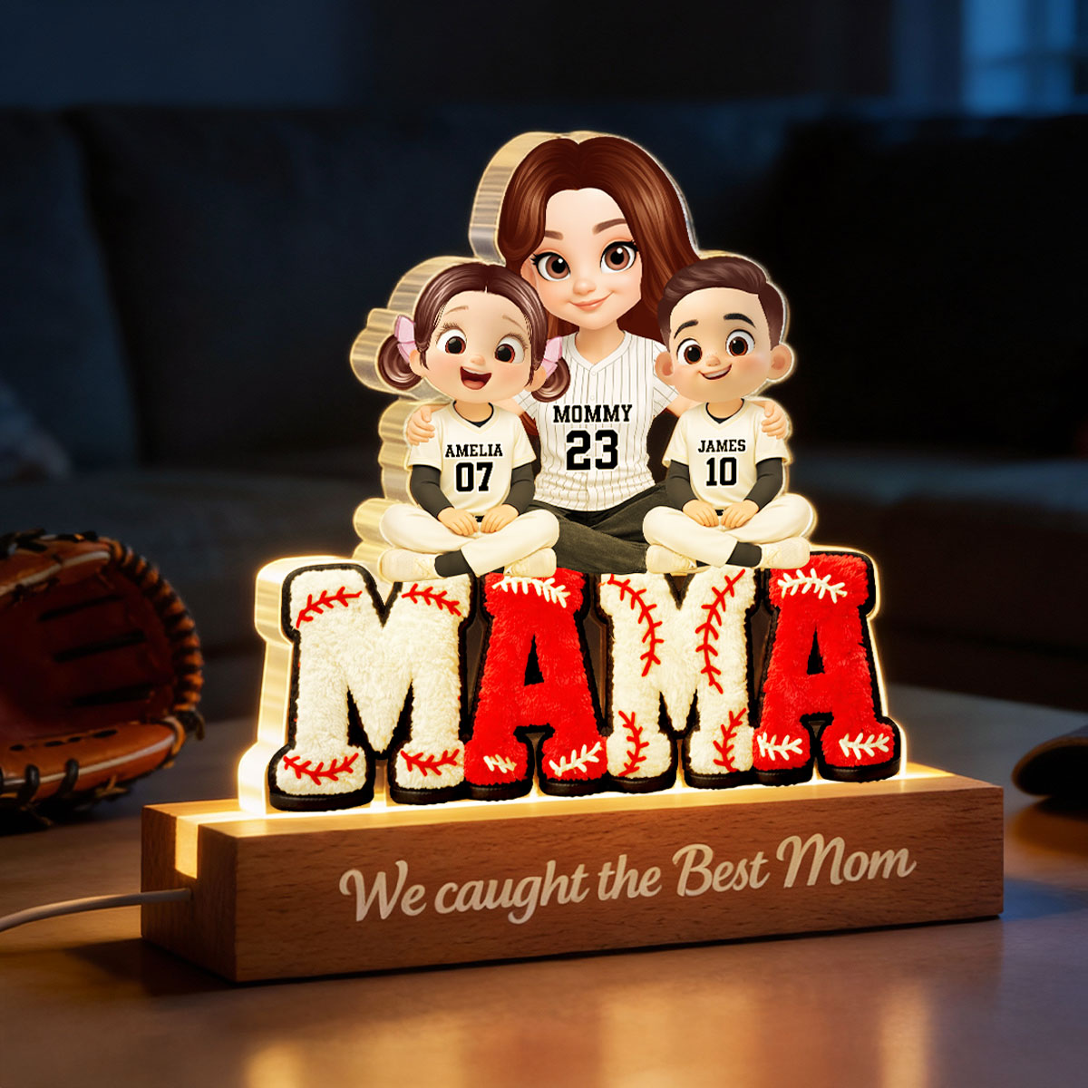 Mama Baseball And Kids - Personalized Acrylic Block LED Night Light - Heartfelt Gift For Mom, Grandma