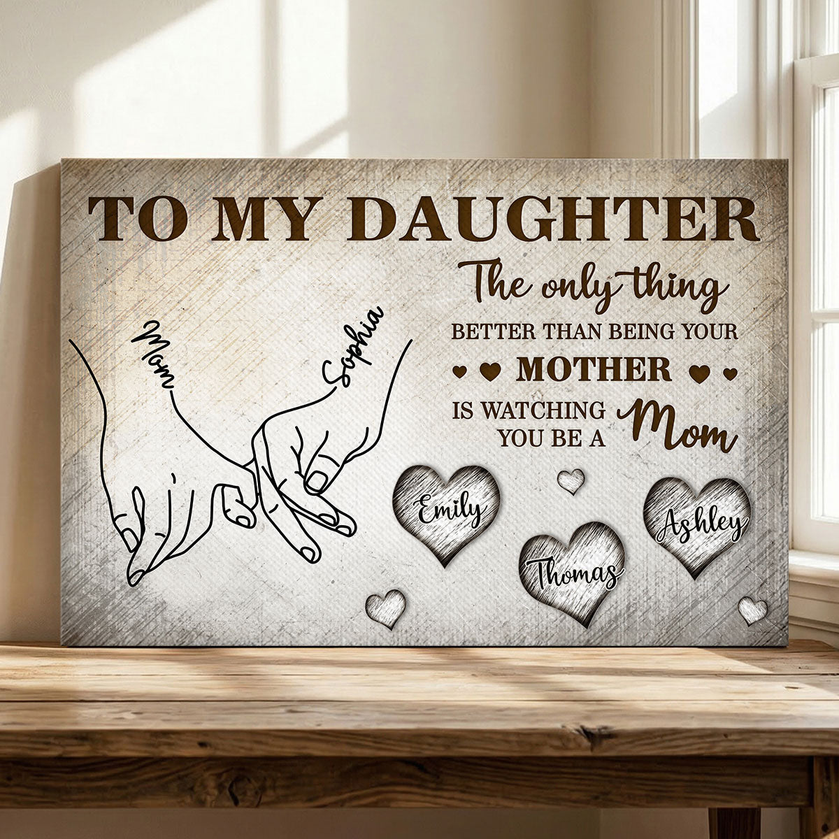To My Daughter Mom And Daughter Holding Hands Custom Kids Names - Personalized Canvas - Mother's Day Gift For Daughter