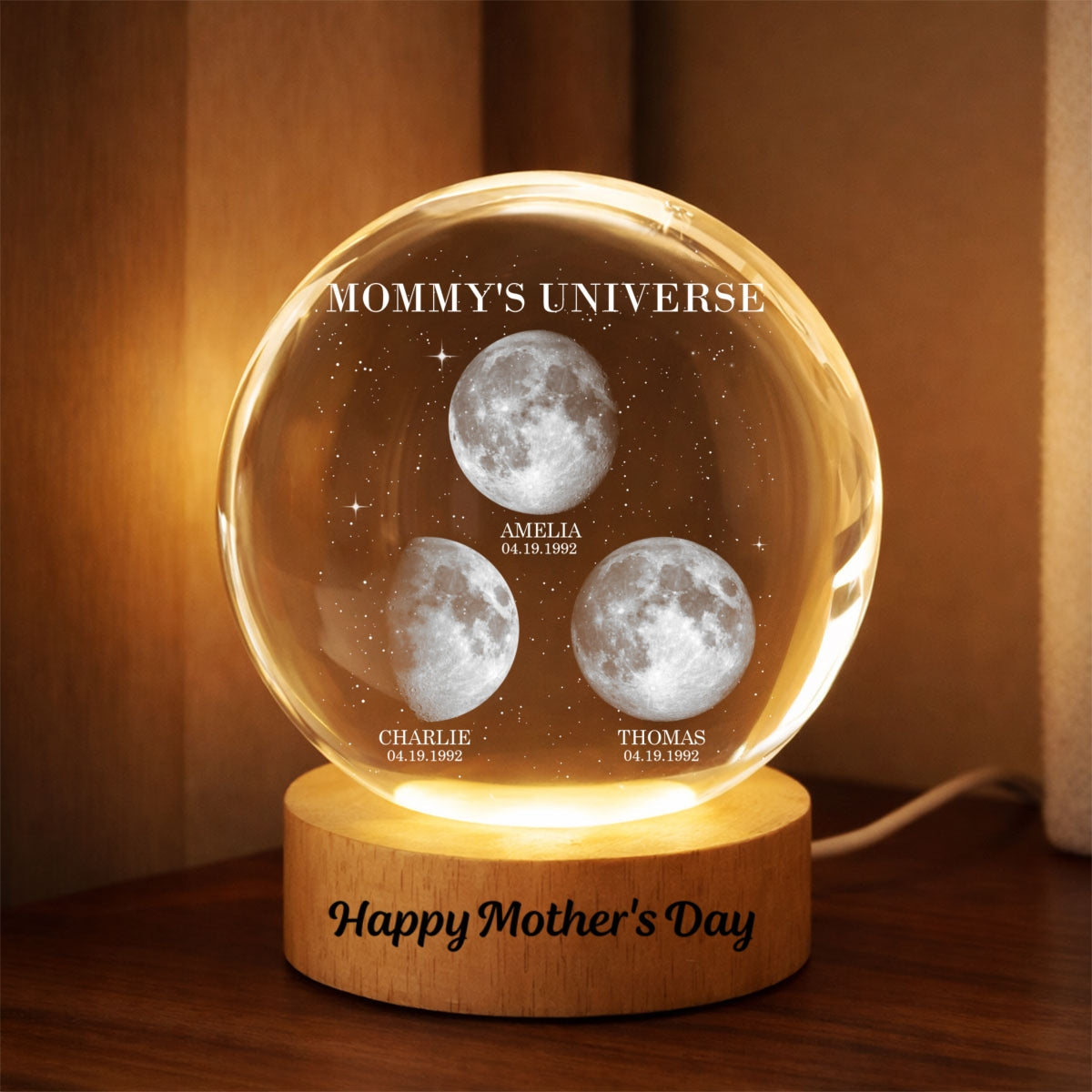 Mommy's Universe, Custom Moon Phase by Date - Personalized Crystal Ball LED Night Light - Mother's Day Gift for Mom, Wife