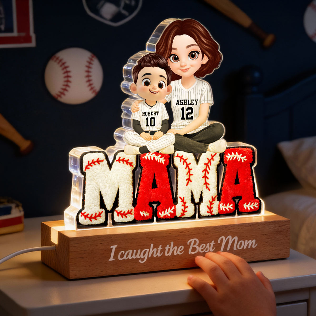 Mama Baseball And Kids - Personalized Acrylic Block LED Night Light - Heartfelt Gift For Mom, Grandma
