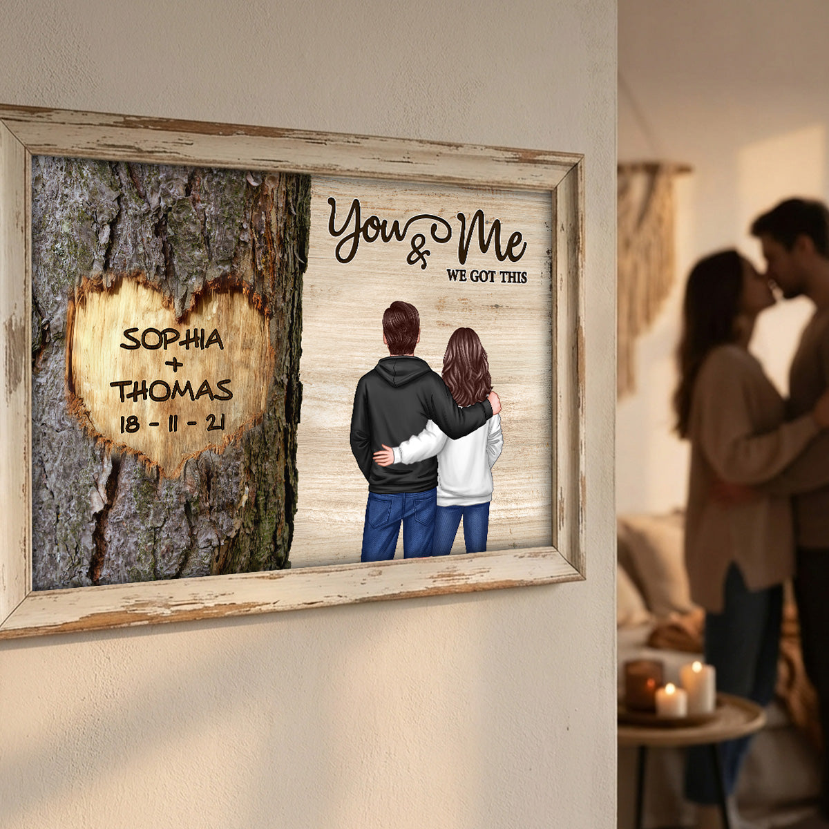Couple Standing Side By Side Back View Heart Carved Tree - Personalized Poster - Anniversary Gift, Valentine's Gift For Him, For Her