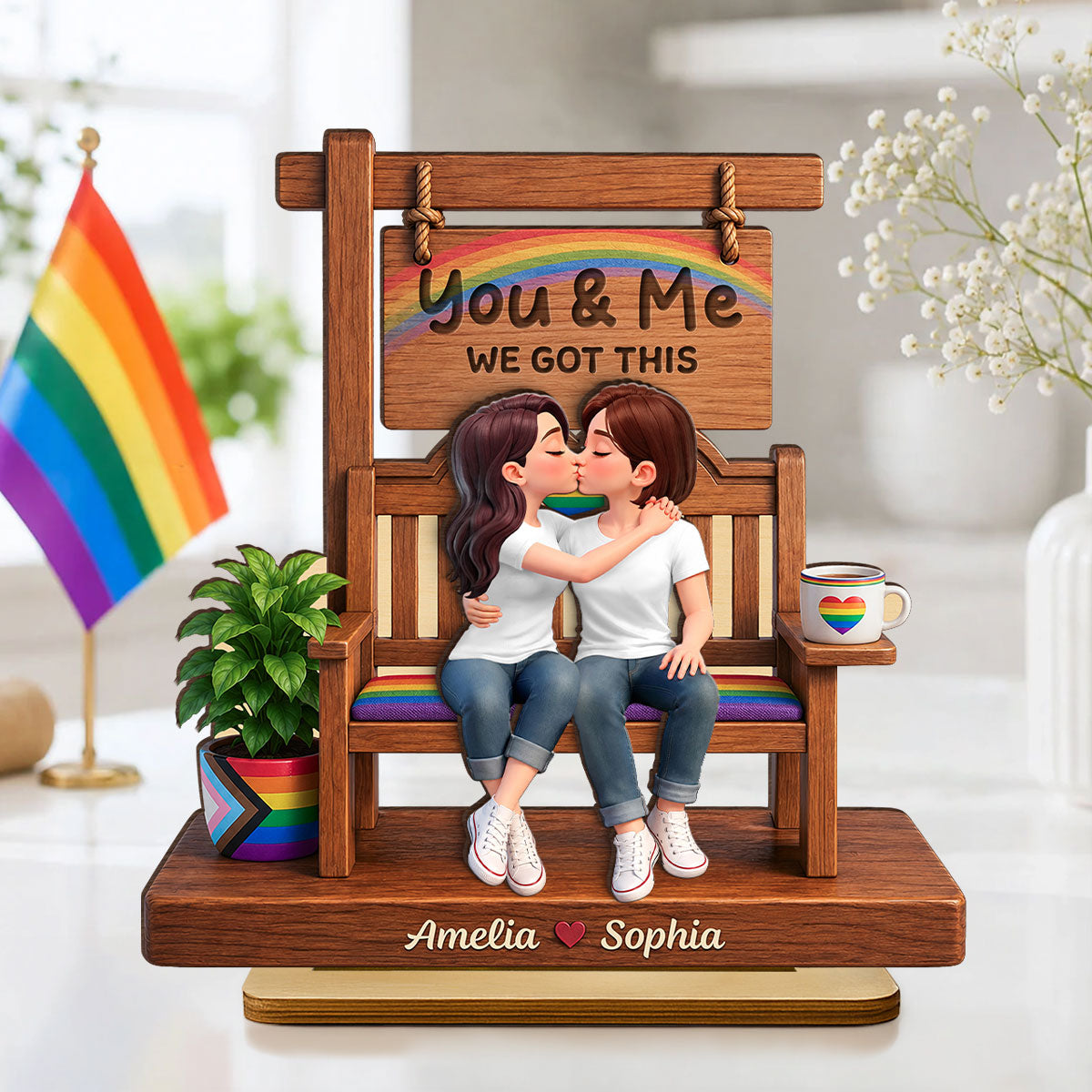 Pride Couple LGBTQ Romantic Love - Personalized 2-Layered Wooden Plaque - Gift For Couple, Happy Pride Month
