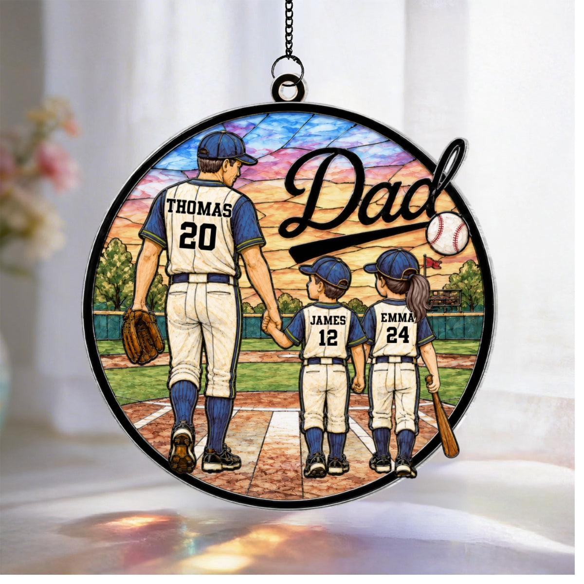 Baseball Dad & Kids 2D Flat - Personalized Suncatcher Ornament - Father's Day Gift For Baseball Dad