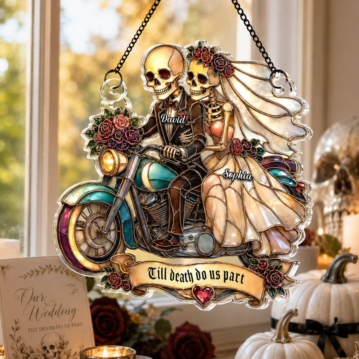 Just Married Skeleton Couple Halloween - Personalized Acrylic Window Hanging - Halloween Decor Gift, Gift For Couple