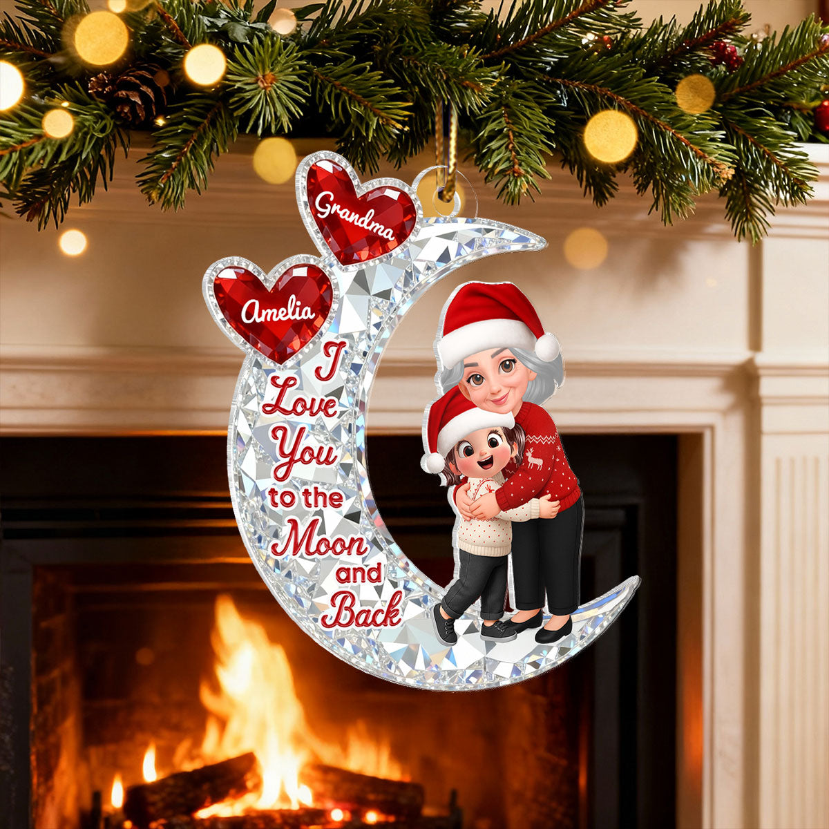 3D Effect Flat Grandma Hugging Grandkid On Moon - Personalized Acrylic Ornament - Gift For Grandma, Grandkids