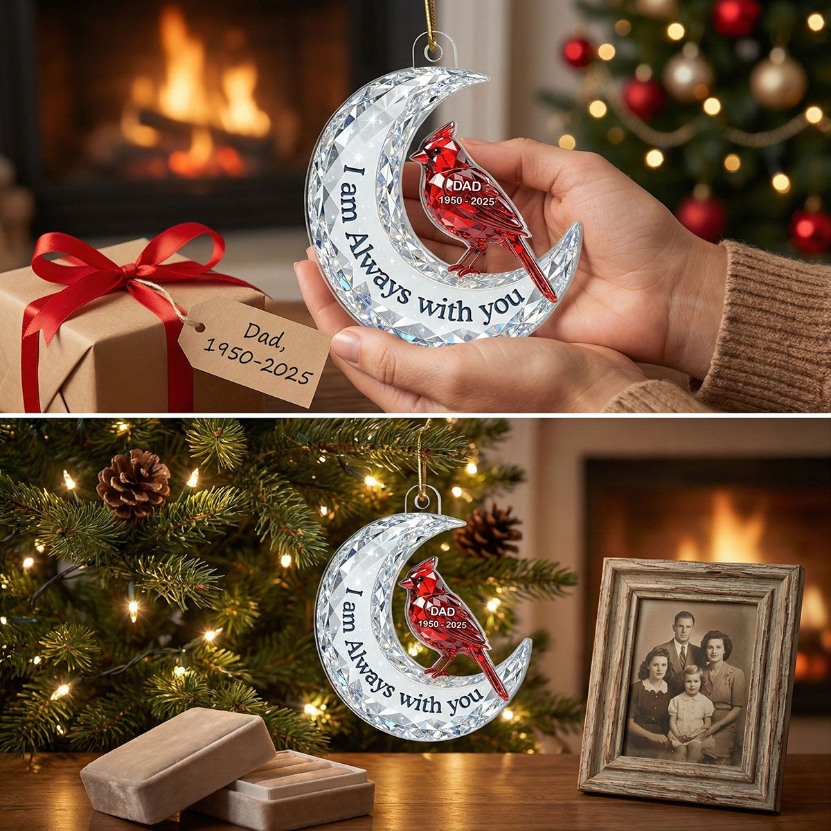 3D Effect Flat Christmas Cardinal On Moon Memorial - Personalized Acrylic Ornament - Remembrance Gift, Sympathy Gift