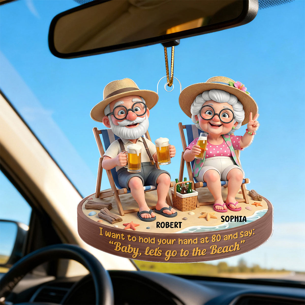 3D Effect Old Couple Baby Let's Go to the Beach  - Personalized Acrylic Car Hanger - Sentimental Gift for him, for her