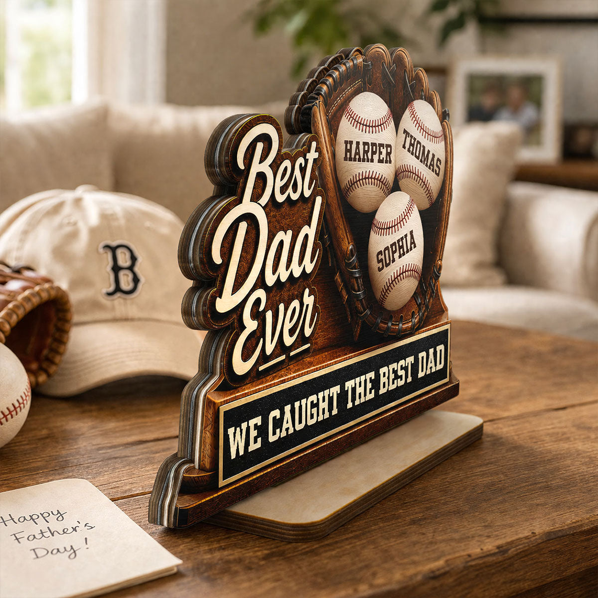 We Caught The Best Dad Baseball Glove - Personalized 2-Layered Wooden Plaque - Happy  For Baseball Dad