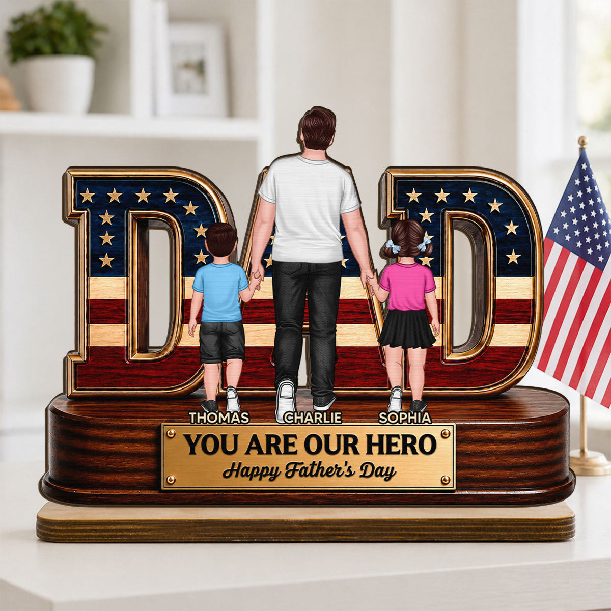 Nation Flag Dad And Kids You Are Our Hero - Personalized 2-Layered Wooden Plaque -  Gift For Dad, Husband