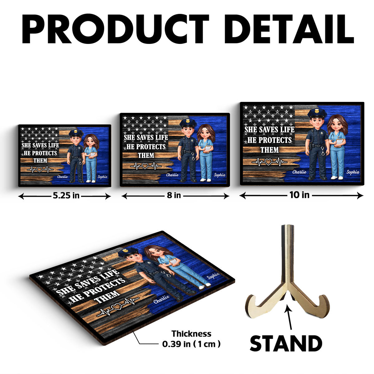 Custom Hero Couple Thin Blue Line Nation Flag - Personalized 2-Layered Wooden Plaque - Heartfelt Gift for Him, for Her