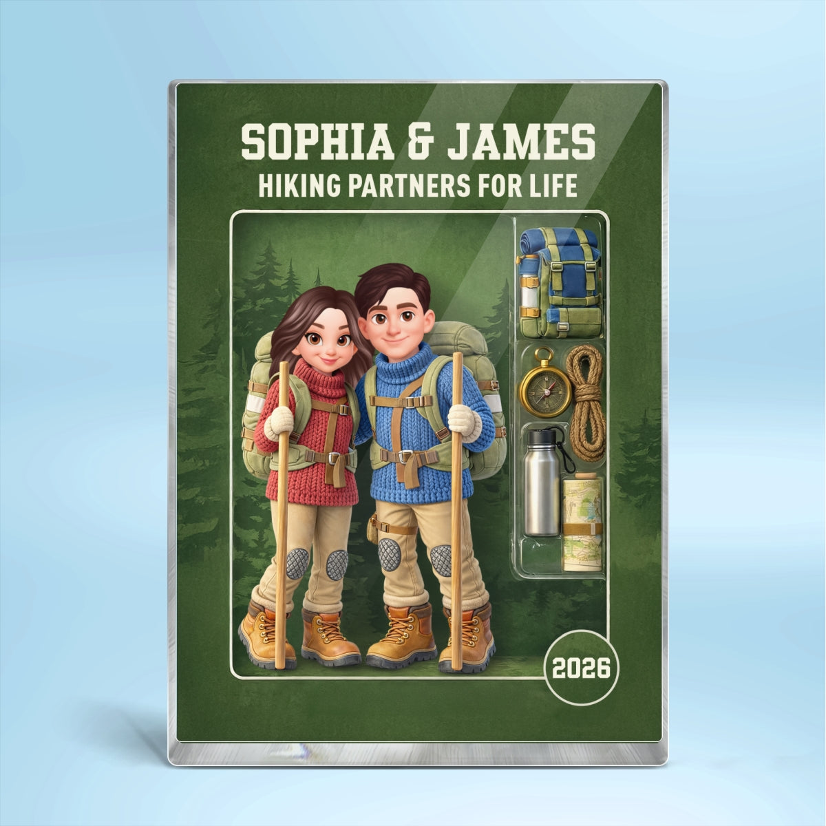 Hiking Couple Action Figure - Personalized Acrylic Block Plaque - Anniversary, Valentine's Day Gift, Gift For Him, Gift For Her