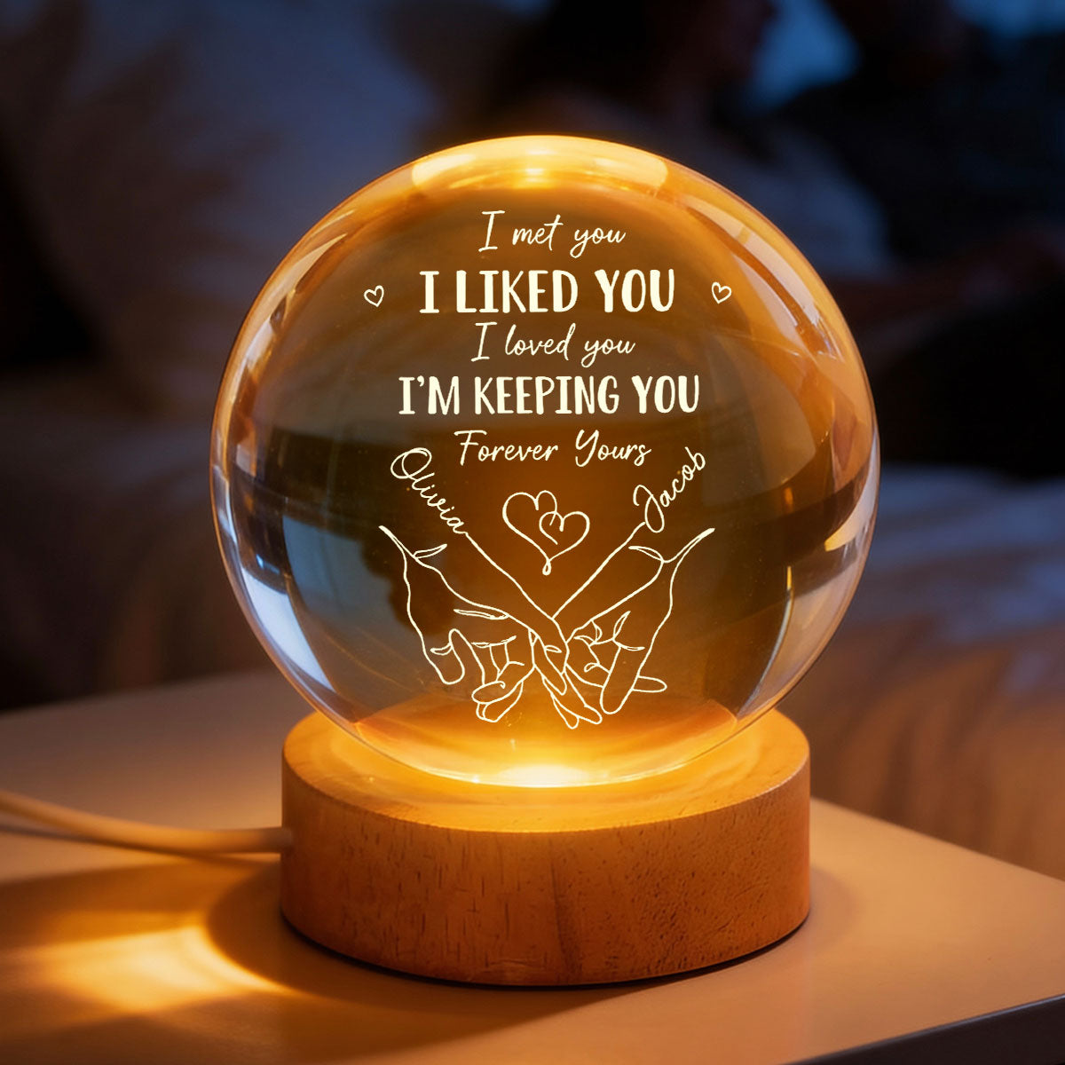 Couple Interlocked Hands I Met You I Loved You - Personalized Crystal Ball LED Night Light - Sentimental Gift for Her, for Him, Couple Keepsake