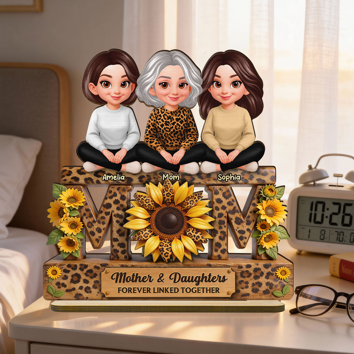 Beautiful Leopard Sunflower You Are My Sunshine MOM And Daughters Sons - Personalized 2-Layered Wooden Plaque - Gift For Mom