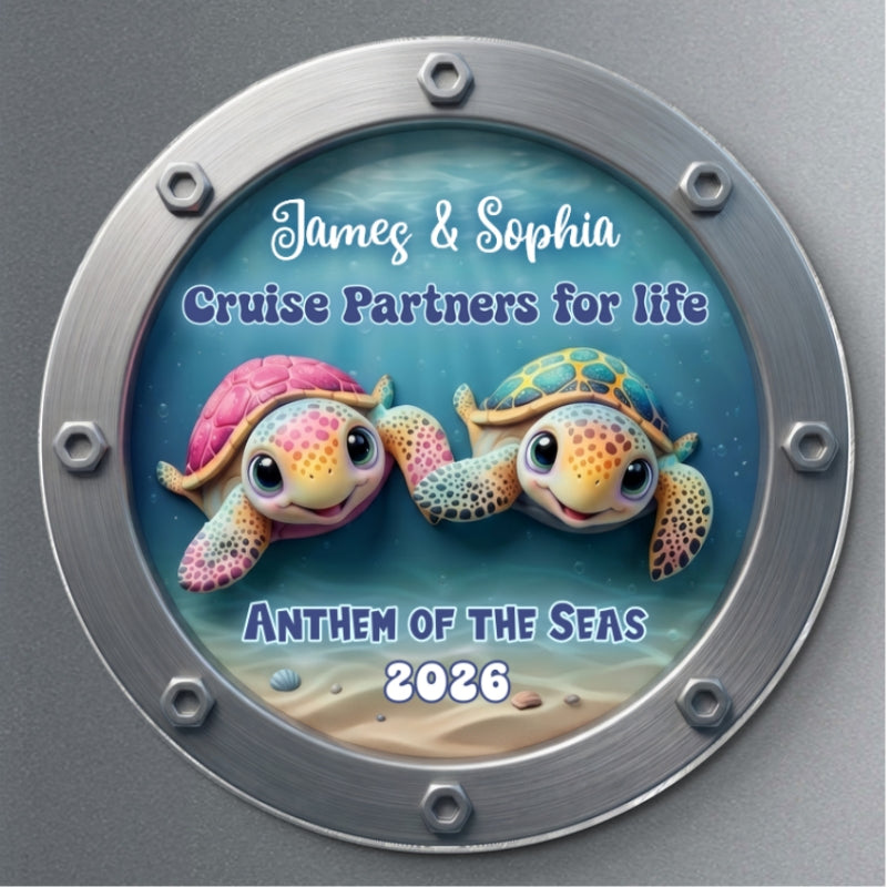 Happy Sailing Turtle Couple 2D Flat - Personalized Cruise Ship Door Magnet - Cruise Trip Decoration