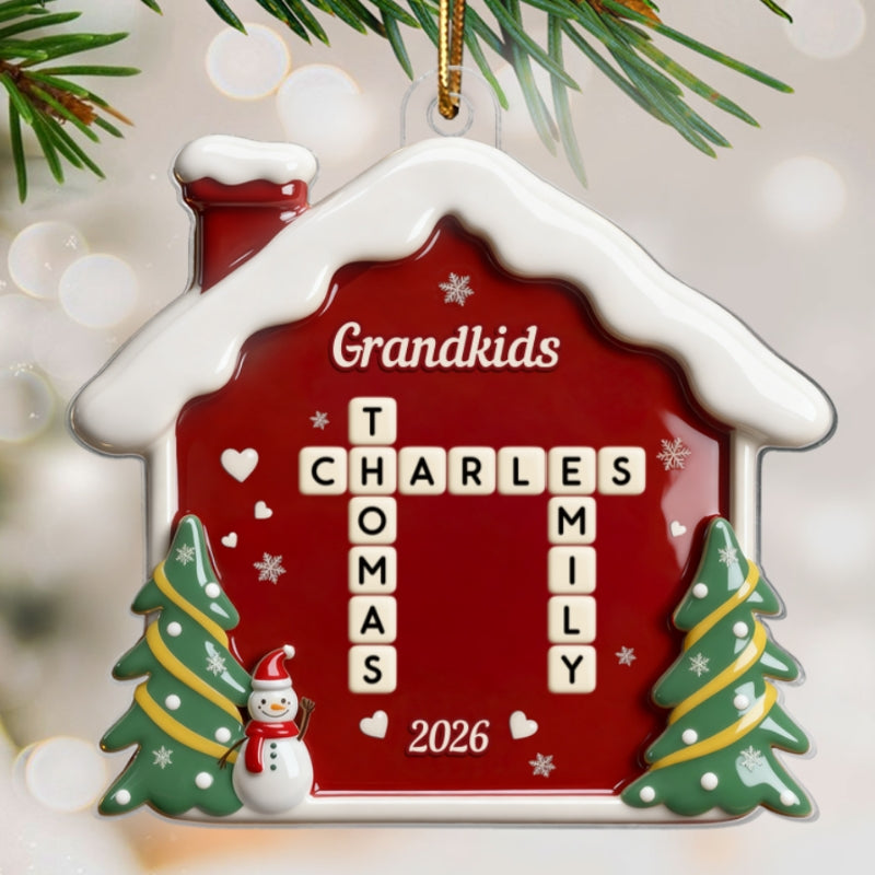 3D Effect Festive Christmas House Grandparents Grandkids Forever Linked Together Crossword Puzzle Art - Personalized Acrylic Ornament