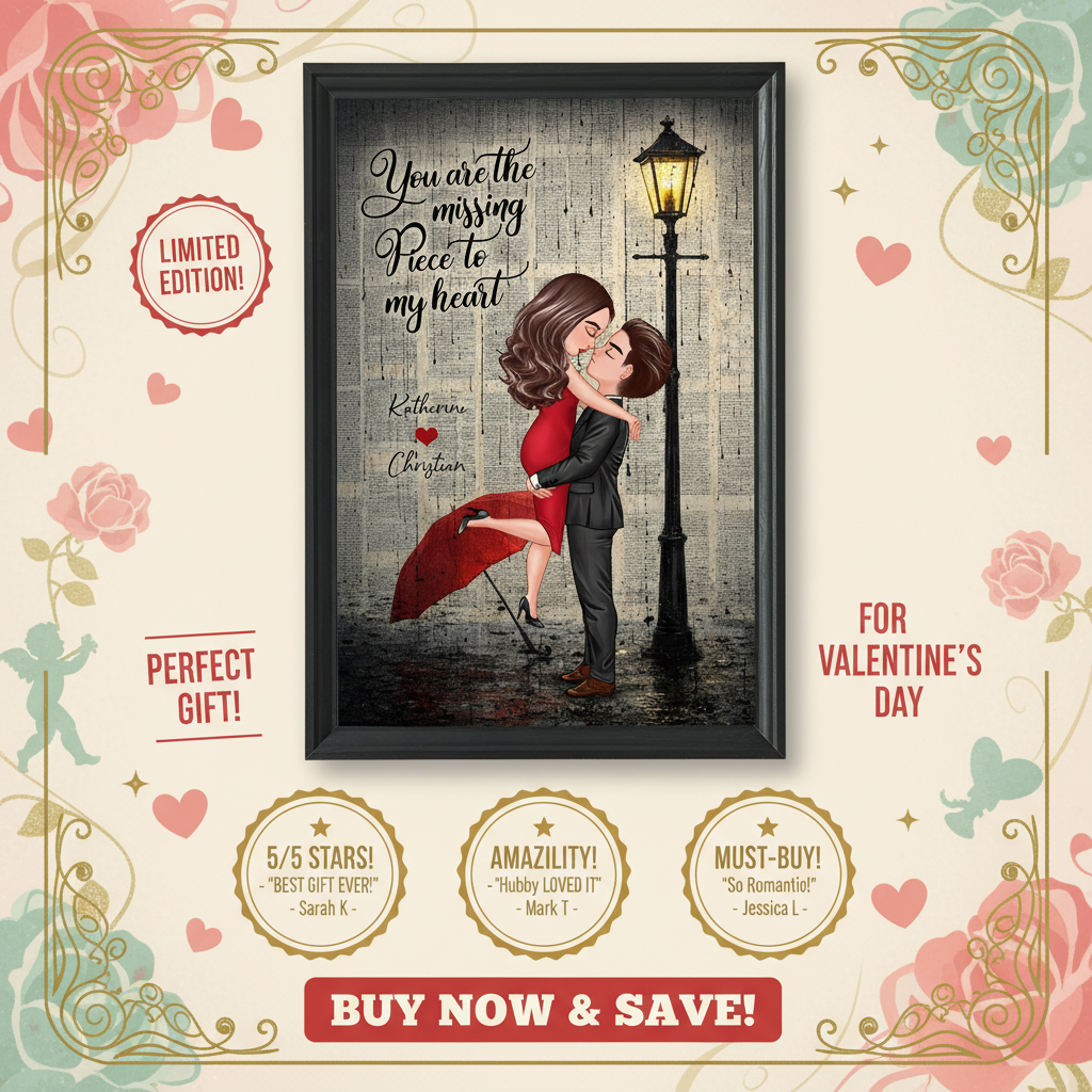 Vintage Newspaper Couple Hugging Kissing Under Lamp Post - Personalized Poster