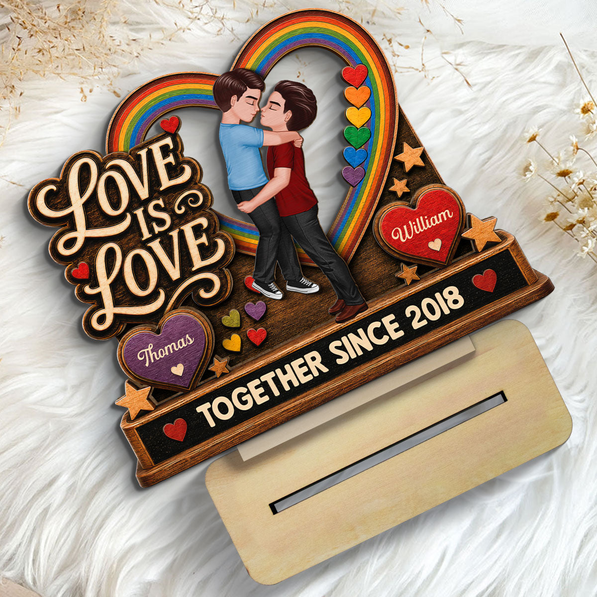 Love Is Love LGBTQ+ Couple Kissing - Personalized 2-Layered Wooden Plaque - Pride Month Gift For Couple