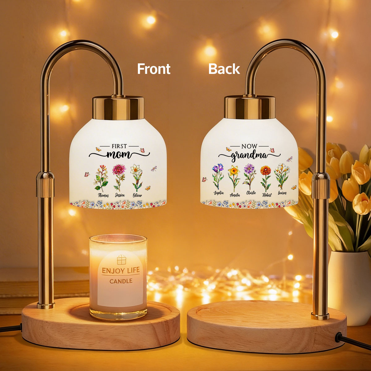 First Mom Now Grandma Custom Birth Flower - Personalized Candle Warmer Lamp - Heartfelt Mother's Day Gift for Grandma, Mom, Wife