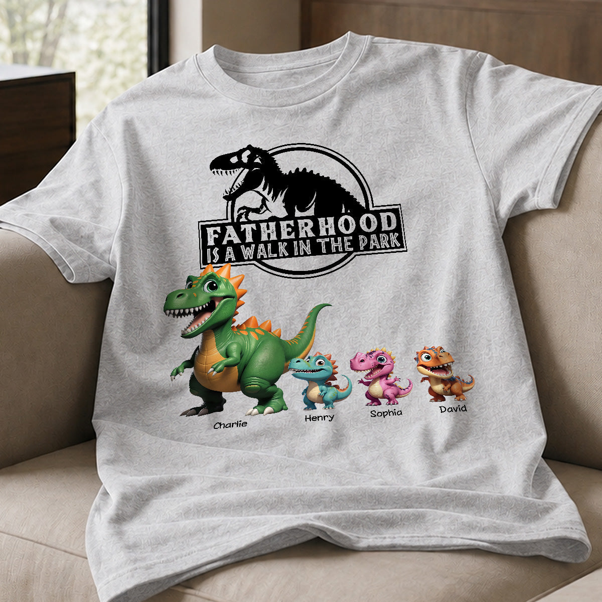 Fatherhood Is A Walk In The Park Custom Cartoon Dinosaurs - Personalized Shirt - Father's Day Gift For Husband, Dad