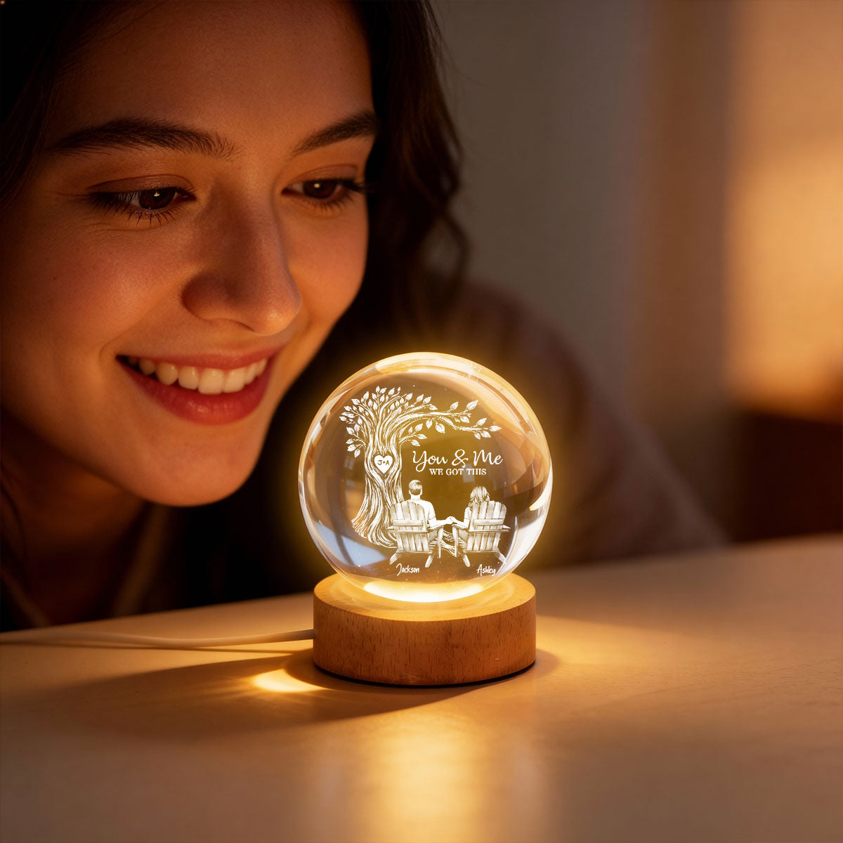 Eternal Love Couple Under Heart Carved Tree - Personalized Crystal Ball LED Night Light - Valentine's Day Gift For Couple