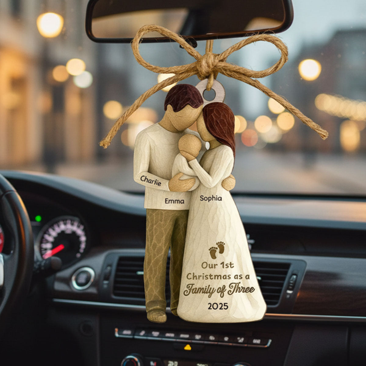 3D Effect First Christmas As Family Of Three Mom Dad & Baby - Personalized Car Hanger