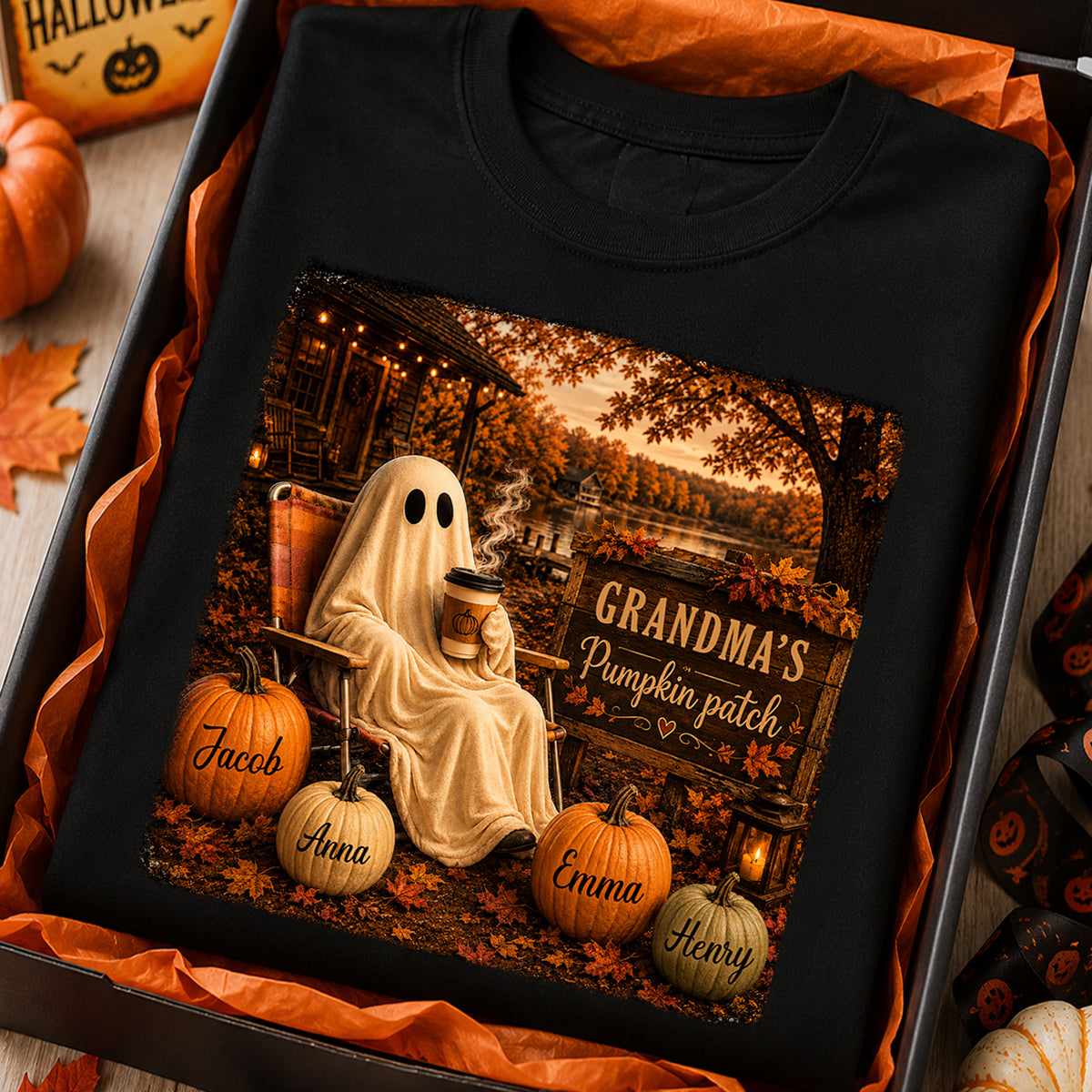 Grandma's Pumpkin Patch Ghost Fall Vibe - Personalized Shirt - Cozy Fall Gift for Grandma