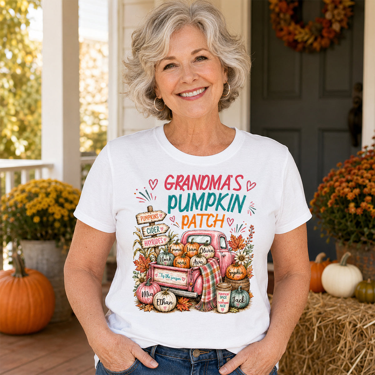 Grandma's Pumpkin Patch Preppy Coquette - Personalized Shirt - Trendy Fall Tee for Grandma