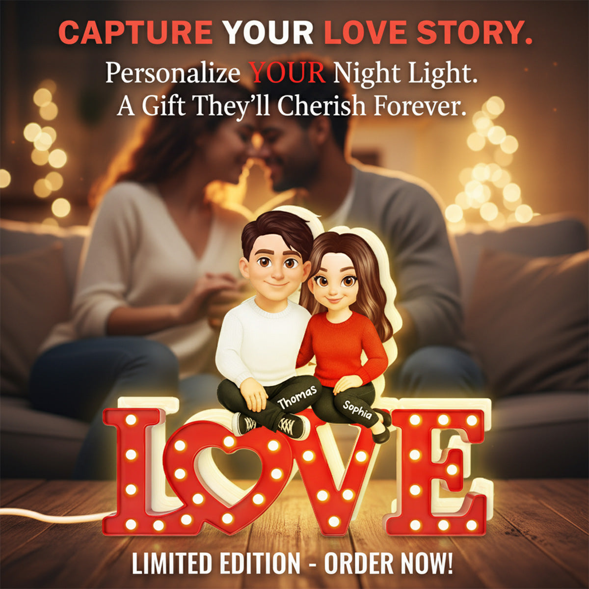 Forever LOVE Couple Sitting Embracing - Personalized Light Box - Valentine's Day Gift For Couple, For Him, For Her