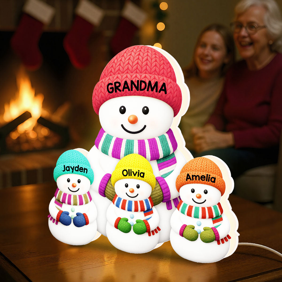 Heartwarming Christmas Grandma Grandpa Grandkids Snowman Together - Personalized Light Box
