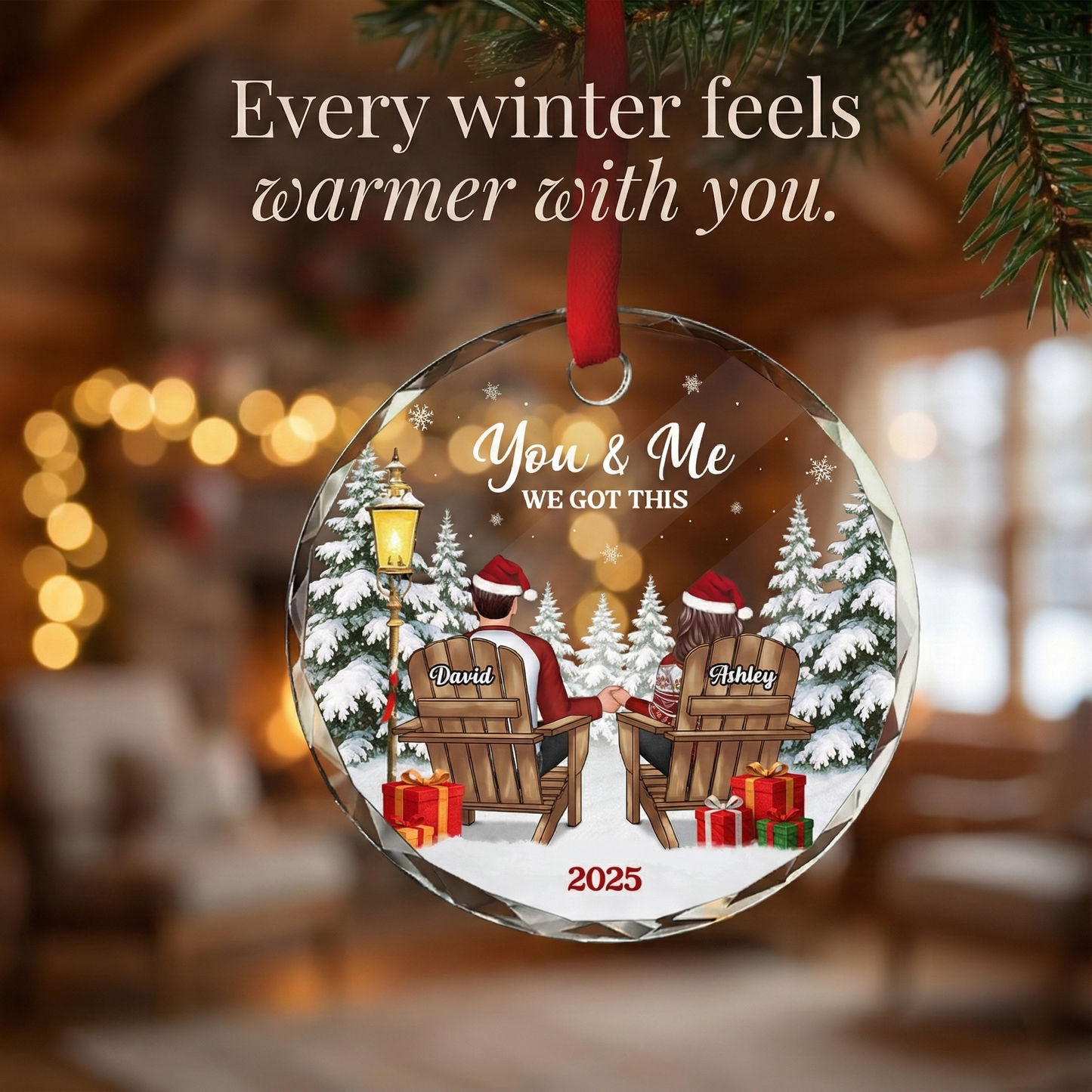 Couple Sitting Winter Landscape - Personalized Glass Ornament - Christmas Gift For Him, For Her, Anniversary Gift