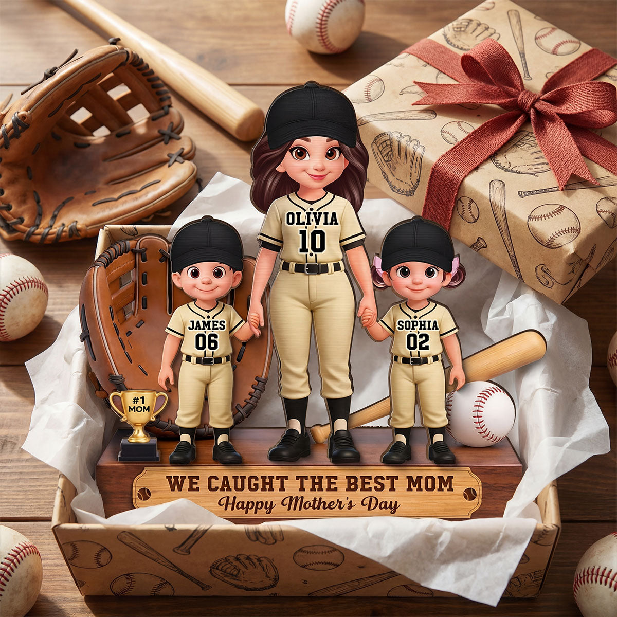 Baseball Mom And Kids We Caught The Best Mom - Personalized 2-Layered Wooden Plaque - Mother's Day Gift For Baseball Mom