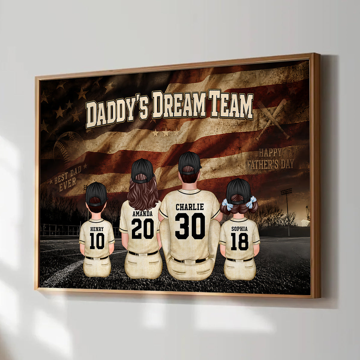 Daddy's Dream Team Baseball Nation Flag Family Sitting - Personalized Poster - Father's Day Gift for Dad, Husband