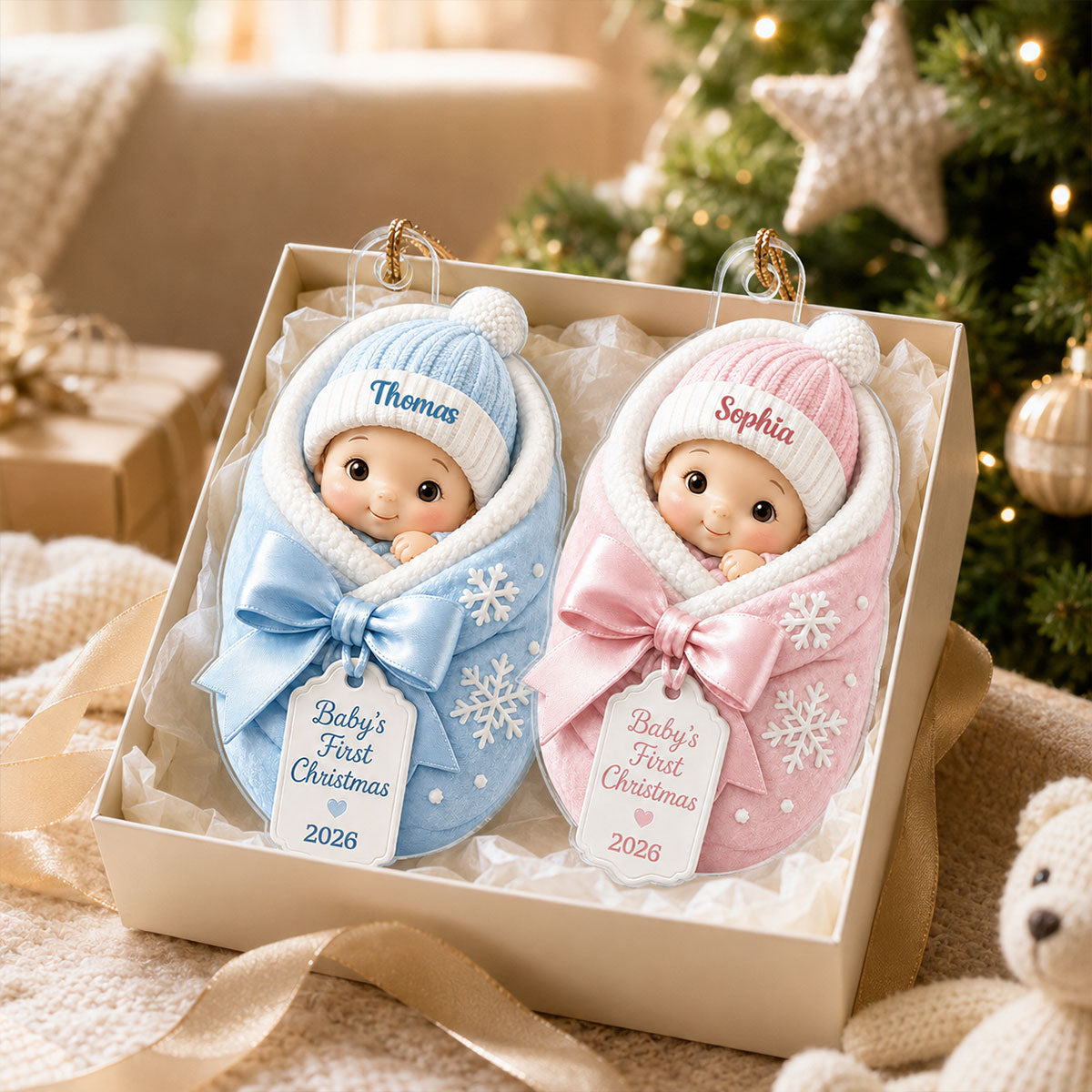 Baby's First Christmas Baby In Swaddle Blanket 2D Flat - Personalized Acrylic Ornament - 1st Christmas Keepsake