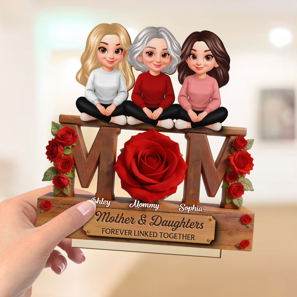 Beautiful Roses MOM And Daughters Sons - Personalized 2-Layered Wooden Plaque - Gift For Mom