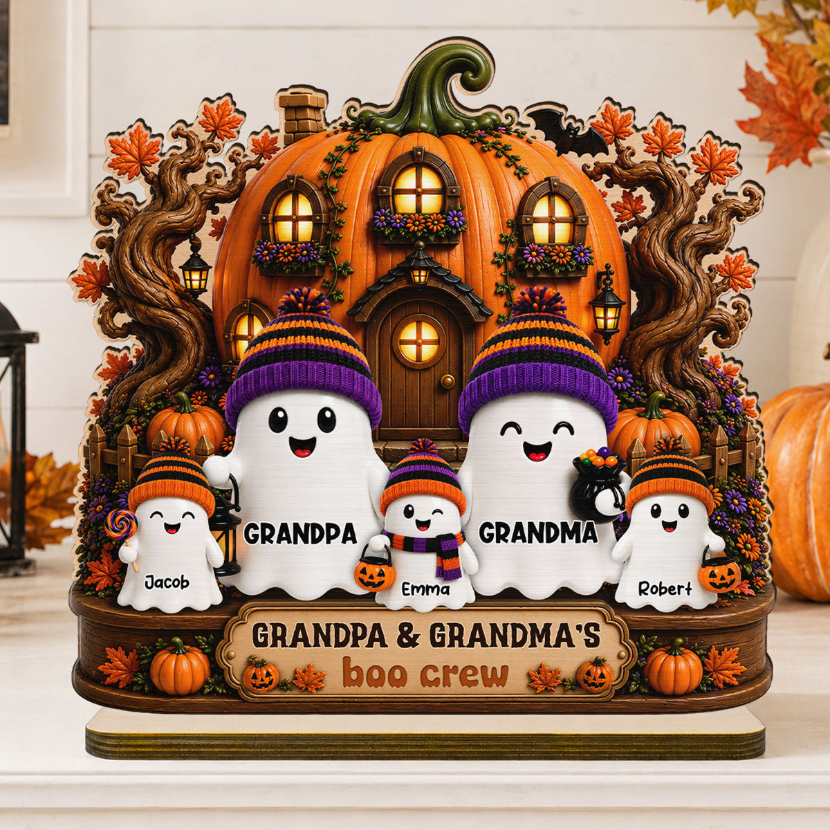 Whimsical Pumpkins House Halloween Grandma Grandpa's Boo Crew - Personalized 2-Layered Wooden Plaque - Halloween Decor For Grandparents
