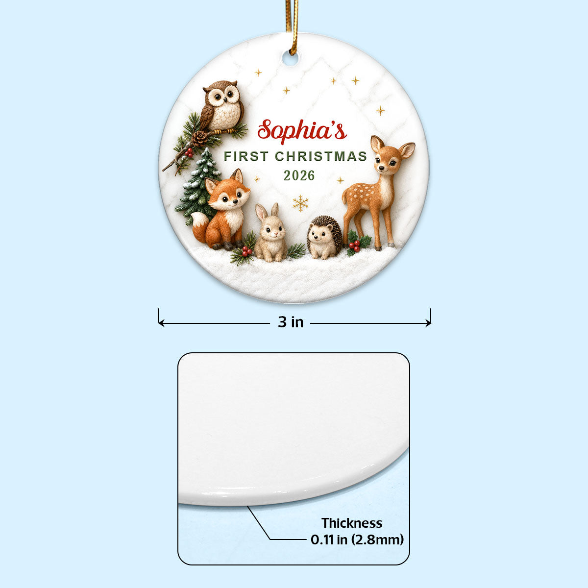 Baby First Christmas Woodland Animals 2D Flat - Personalized Ceramic Ornament - Christmas Keepsake