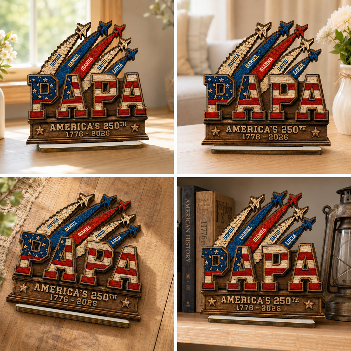 Dad Grandpa Nation Flag American 250th Anniversary - Personalized Wooden Plaque -  Gift For Dad, Grandpa