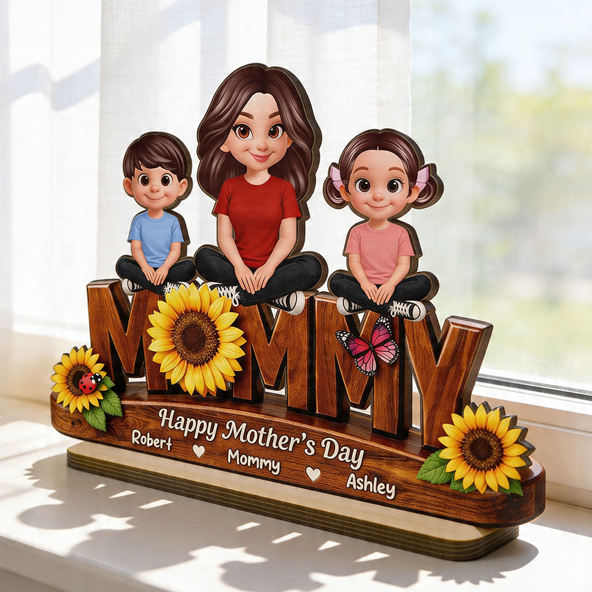Sunflower Mom And Kids - Personalized 2-Layered Wooden Plaque - Mother's Day Gift For Mom, Wife
