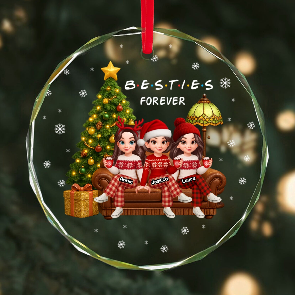 Christmas Festive Besties Forever Christmas Tree - Personalized Glass Ornament - Christmas Gift For Best Friends