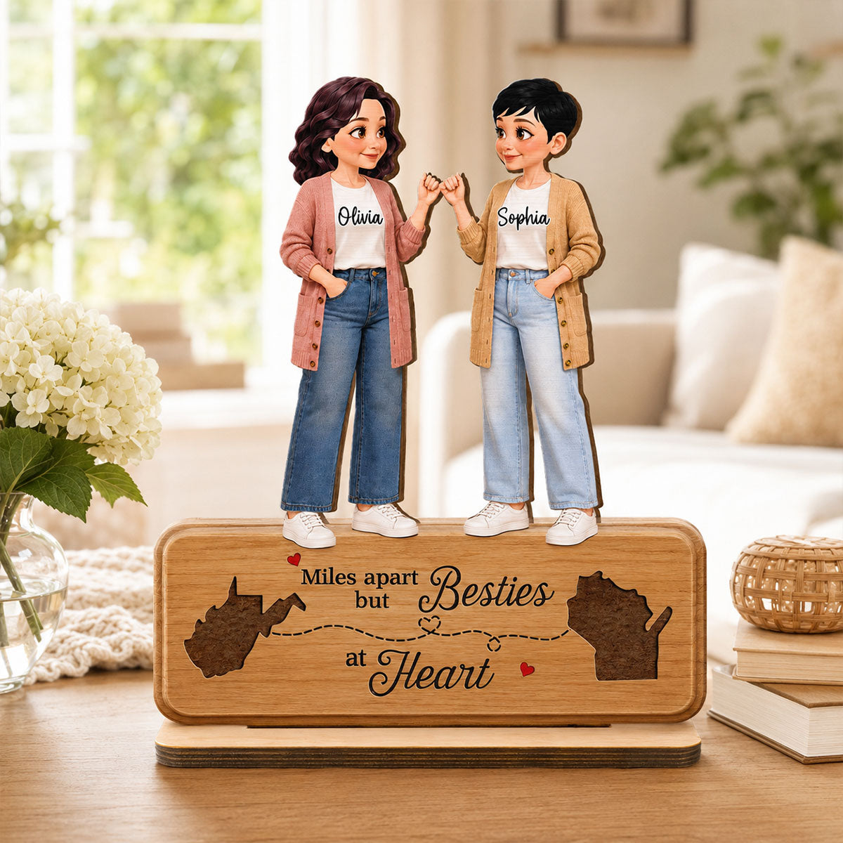 Pretty Besties Pinky Promise Miles Apart Besties At Heart 2D Flat - Personalized 2-Layered Wooden Plaque - Birthday Gift, Long Distance Friendship Gift for Best Friends