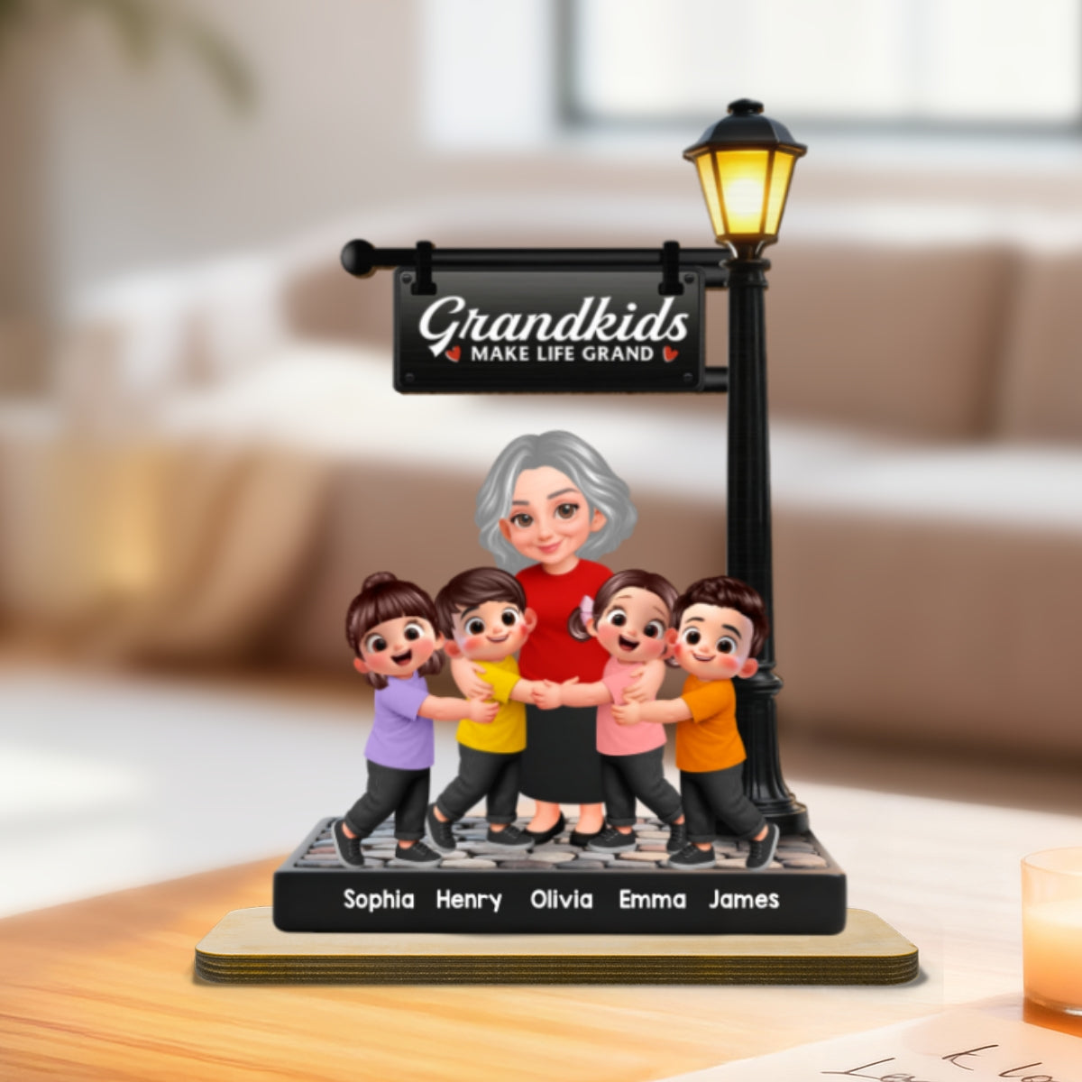 Grandma And Grandkids Happy Together Under Lamp Post - Personalized 2-Layered Wooden Plaque - Gift For Grandma