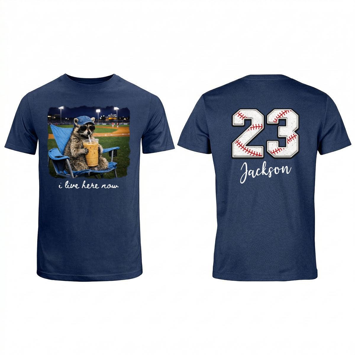 I Live Here Now Raccoon Goose On Ballfield - Personalized Double Sided Shirt - Baseball Softball Grandma Mom