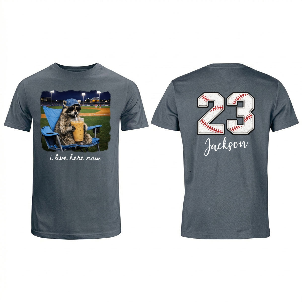 I Live Here Now Raccoon Goose On Ballfield - Personalized Double Sided Shirt - Baseball Softball Grandma Mom