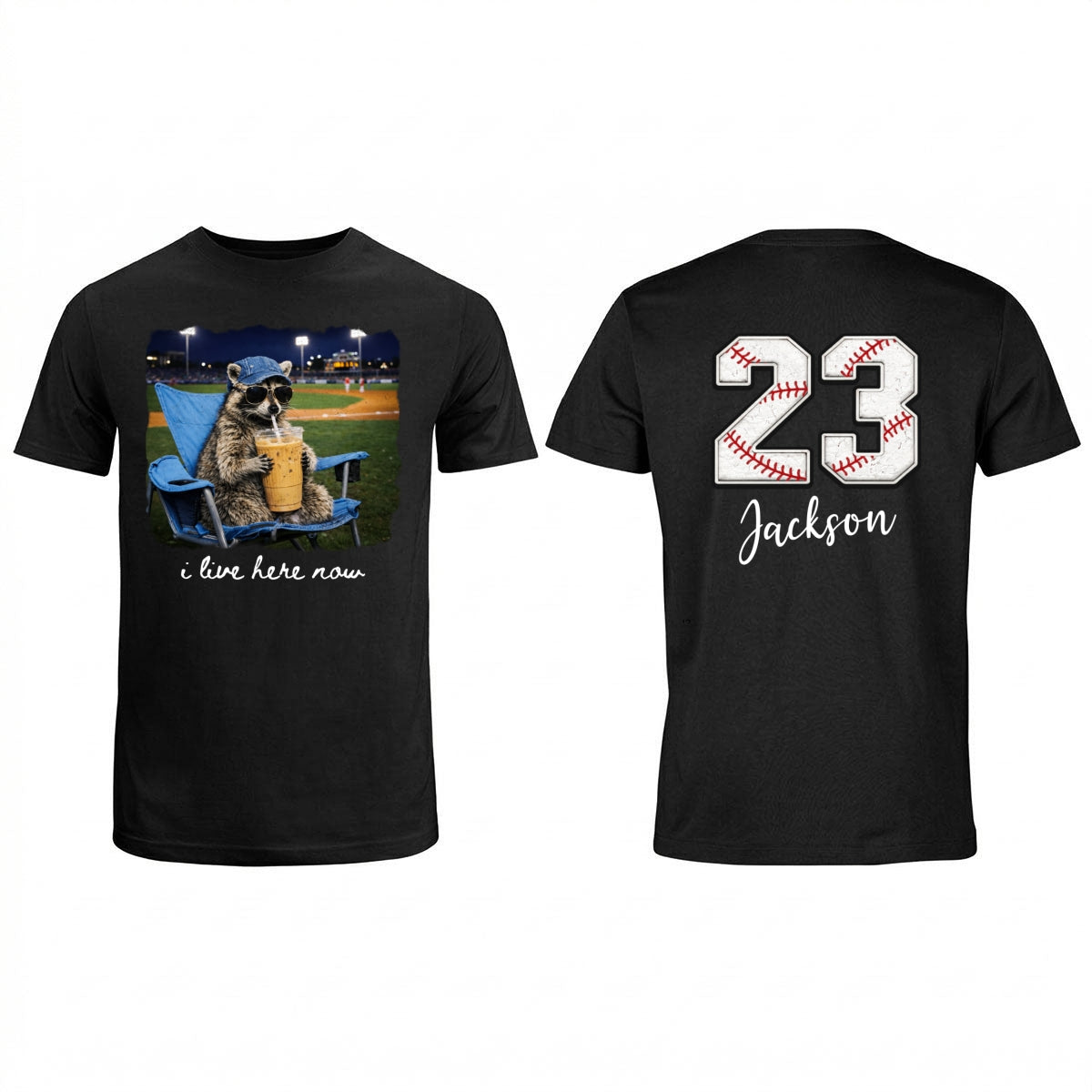 I Live Here Now Raccoon Goose On Ballfield - Personalized Double Sided Shirt - Baseball Softball Grandma Mom