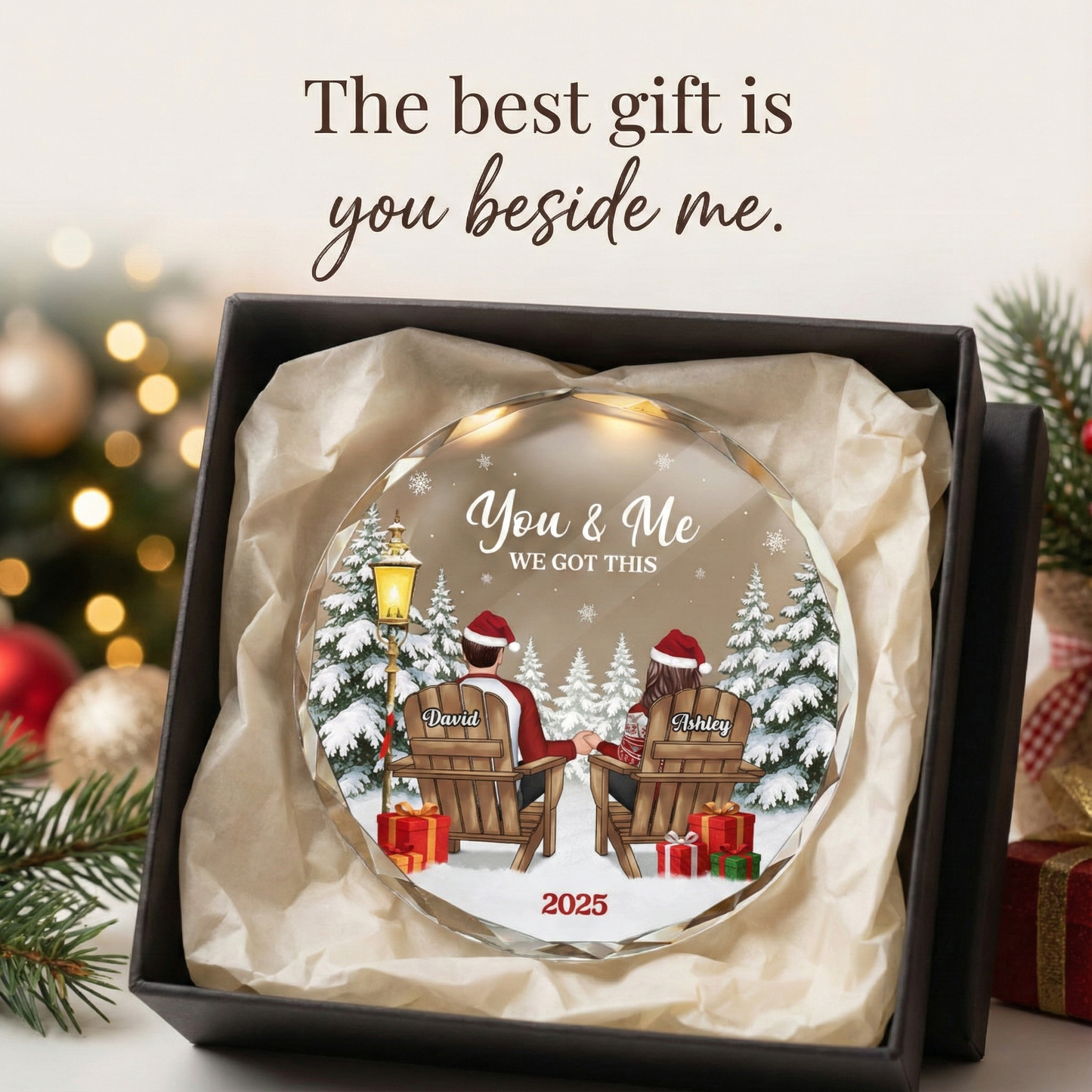 Couple Sitting Winter Landscape - Personalized Glass Ornament - Christmas Gift For Him, For Her, Anniversary Gift