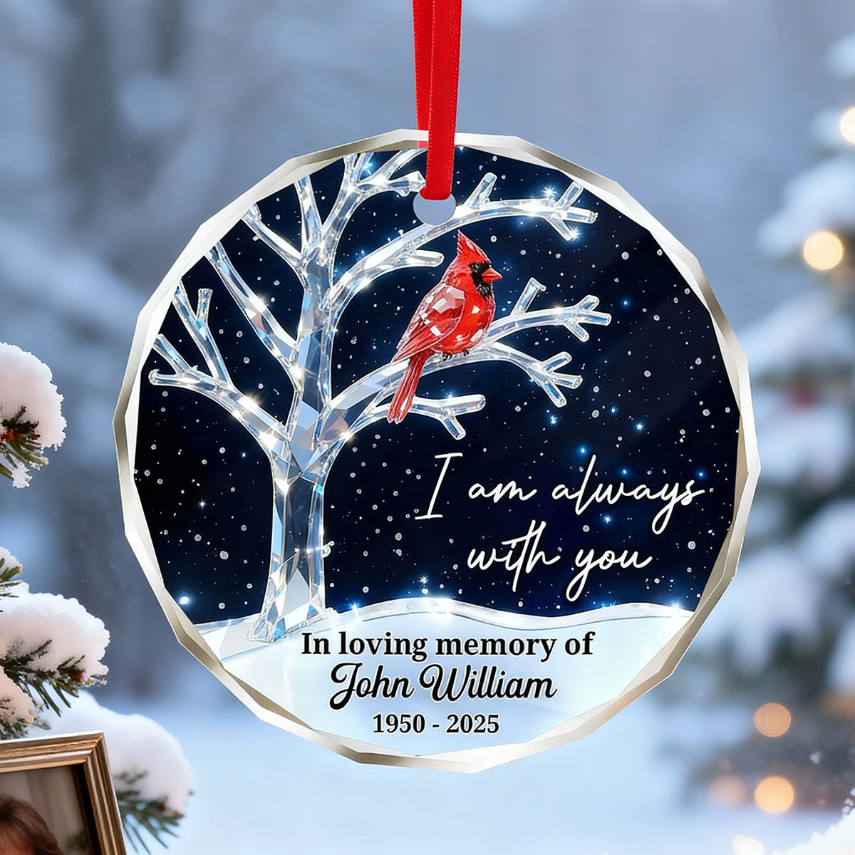 3D Crystal Effect Memorial Winter Tree Cardinals - Personalized Glass Ornament - Remembrance Gift, Sympathy Gift