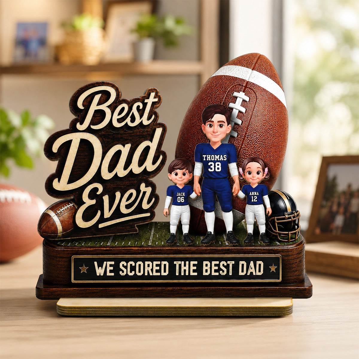 We Scored The Best Dad American Football Dad & Kids - Personalized 2-Layered Wooden Plaque -  Gift For American Football Dad